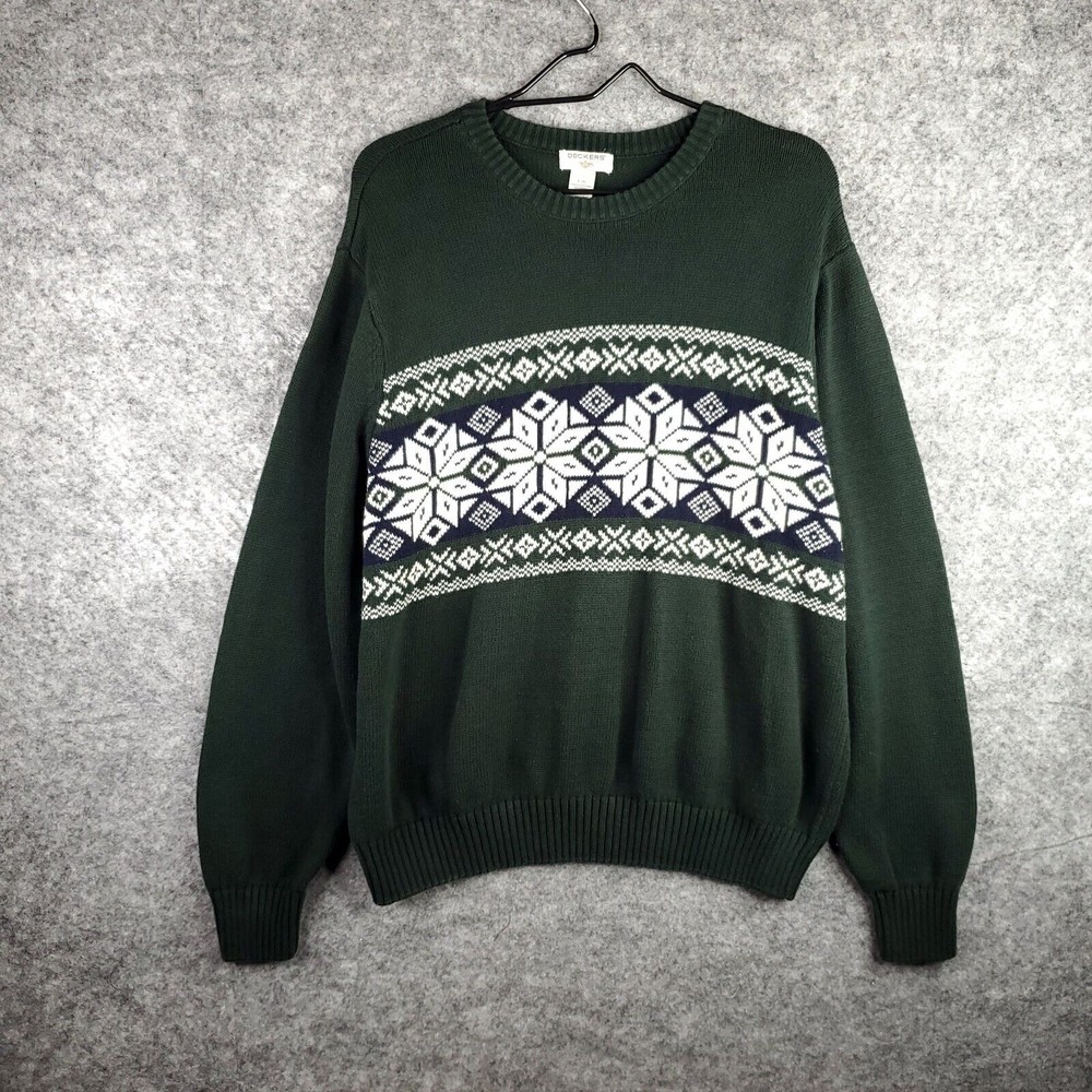 Dockers Sweater Mens L Green Snowflake Dad Grandpa Christmas Pullover Cotton